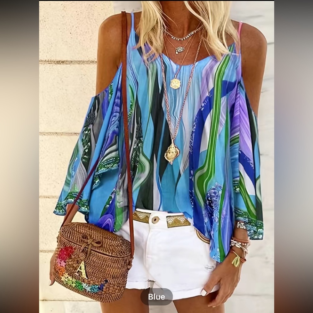 Boho Cold-Shoulder Tank Top in Blue